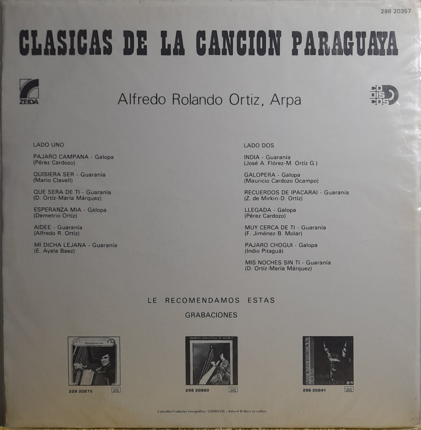 LATINOAMERICANA-Alfredo Rolando Ortiz, Arpa / Clásicas de la Canción Paraguaya. Año 1969